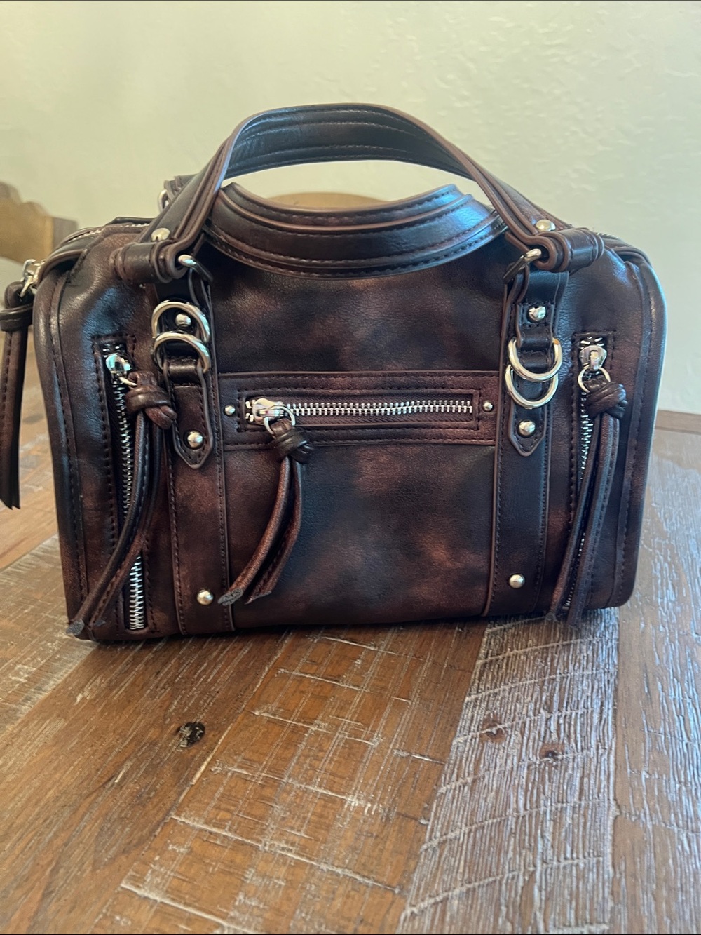Made in NYC Distressed Brown Crossbody Satchel - Picture 3 of 10